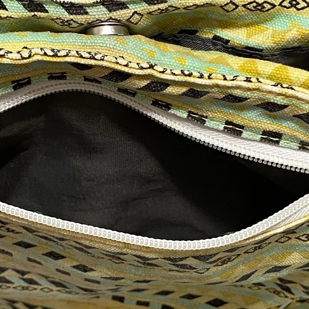 KAVU Keeper Crossbody Bag Yellow Turquoise Geometric Tribal Canvas Rope Strap‎